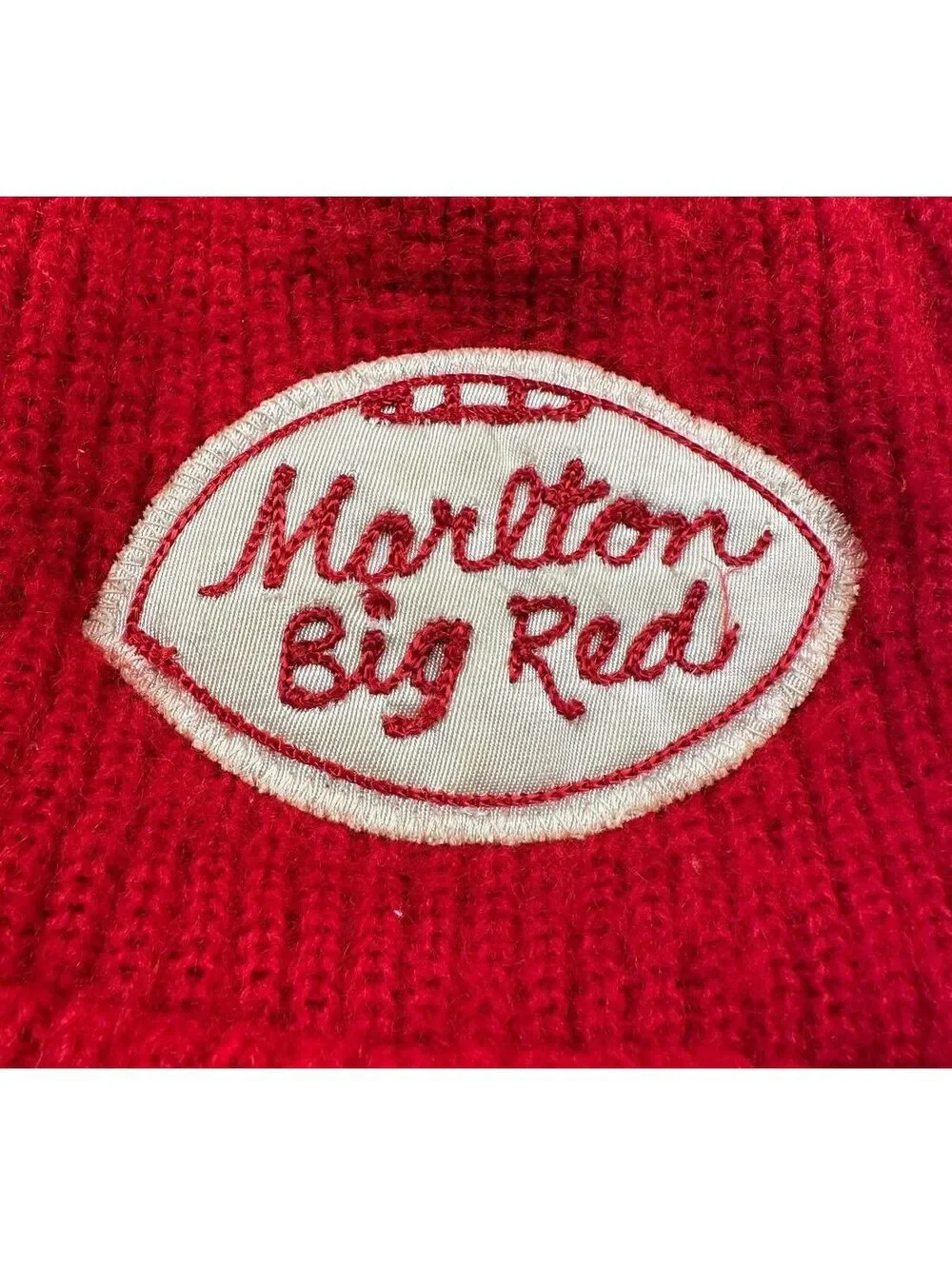 Vintage 70s Marlton Big Red Beanie Chain Stitch football wool knit hat stripe